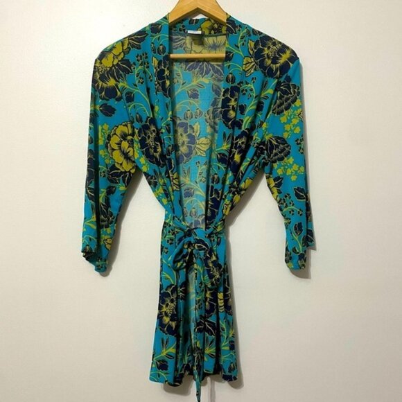 New Kim & Co Turquoise Floral Belted Lightweight Cardigan Size XS bin 3H - Picture 3 of 4